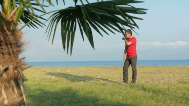 Człowiek na skalistej plaży. Palma na pierwszym planie. Człowiek odpowiedzialny za inteligentny zegarek na przychodzącej wiadomości od dziewczyny — Wideo stockowe