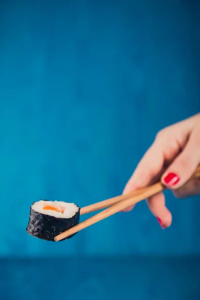 Appetizing Tasty Japan Rolls Plate Isolated Blue Wooden Background Stock Picture