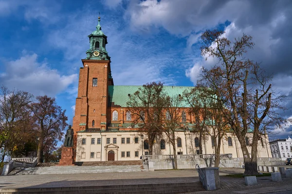 Statue and cathedral church in Gniezno — Stock Photo, Image