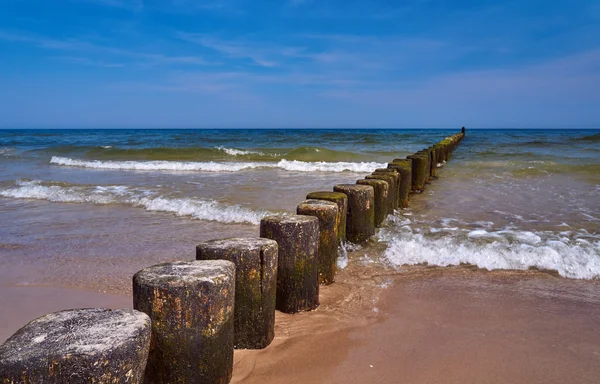 Zandstrand en houten golfbreker — Stockfoto