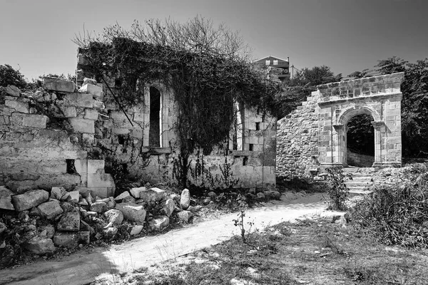 Ruines Pierre Une Église Orthodoxe Sur Île Céphalonie Grèce Monochrome — Photo