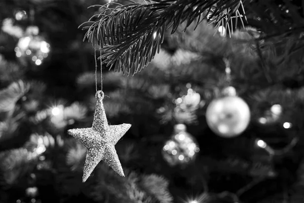 Una Decoración Abeto Forma Estrella Durante Navidad Polonia Monocromo — Foto de Stock