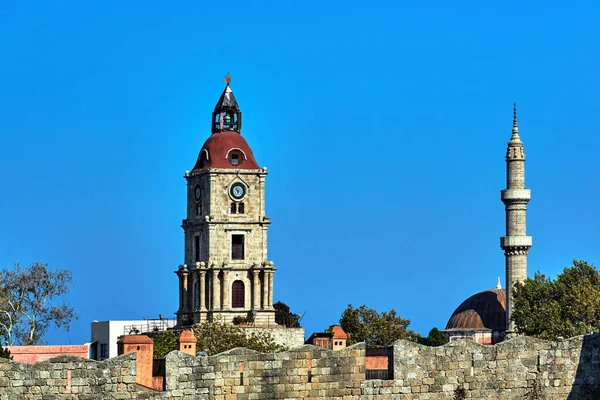 Stone Clock Tower Turkish Minaret Medieval Defensive Wall Rhodes — Stock Photo, Image