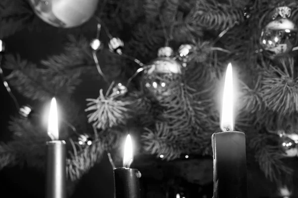 Candle Flame Background Decorated Spruce Branches Christmas Tree Poland Monochrome — Stock Photo, Image