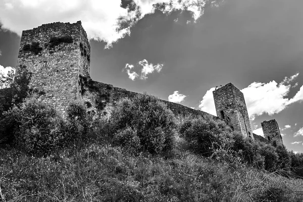 Middeleeuwse Versterkte Muren Stad Monteriggioni Toscana Toscane Italië Monochroom — Stockfoto