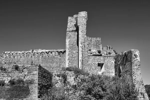 Stone Ruins Ancient Castle Town Sovana Italy Monochrome — Stock Photo, Image