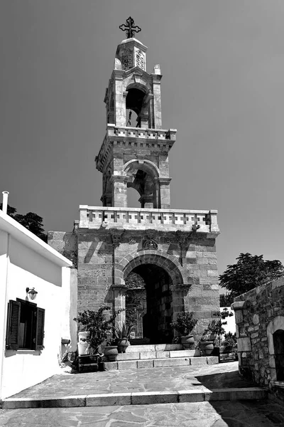 Torre Igreja Byzantine Asklipio Ilha Rhodes Monocromático — Fotografia de Stock