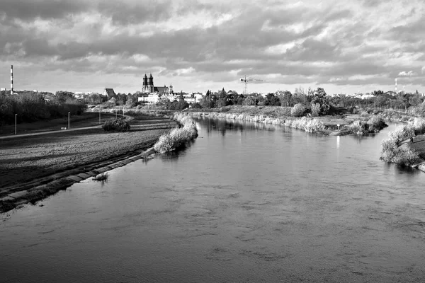 Stadtlandschaft Mit Der Warthe Und Den Domtürmen Herbst Poznan Monochrom — Stockfoto