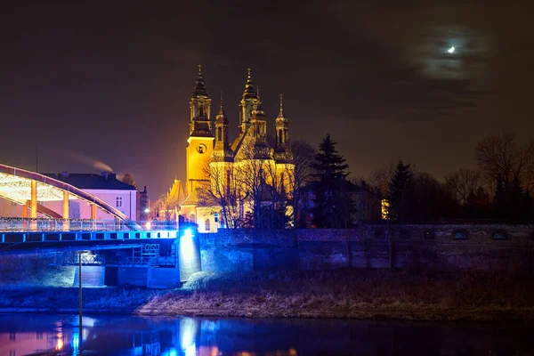 Bridge Historic Walls Bell Towers Gothic Cathedral Warta River Night — Stock Photo, Image