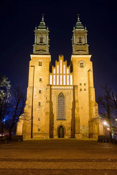 Facade Bell Towers Historic Gothic Cathedral Night Poznan — Stock Photo, Image