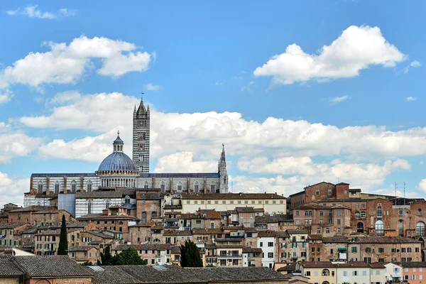 Historische Huizen Klokkentoren Koepel Van Middeleeuwse Kathedraal Siena Italië — Stockfoto