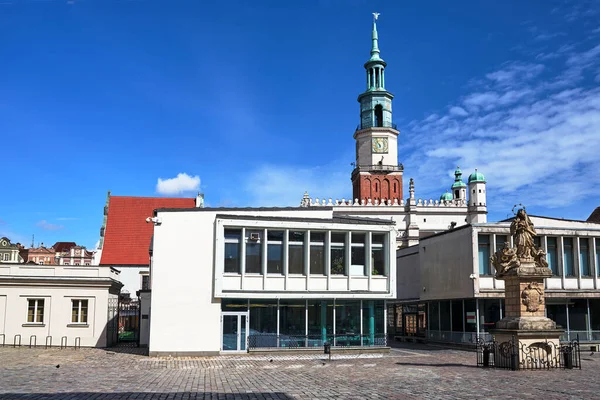 Szent Nepomuk Történelmi Szobra Modernista Épületek Reneszánsz Városháza Tornya Poznan — Stock Fotó