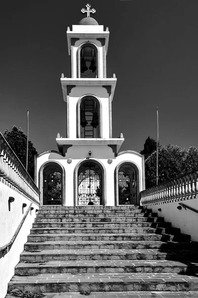 Bell Tower Igreja Ortodoxa Ilha Rodes Grécia Monocromático — Fotografia de Stock