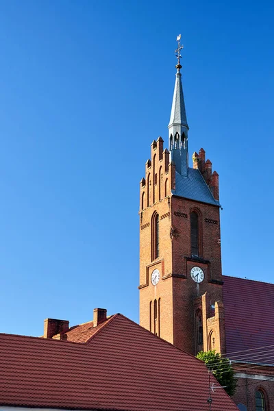 Tour Historique Église Gothique Brique Rouge Dans Village Bledzew Pologne — Photo