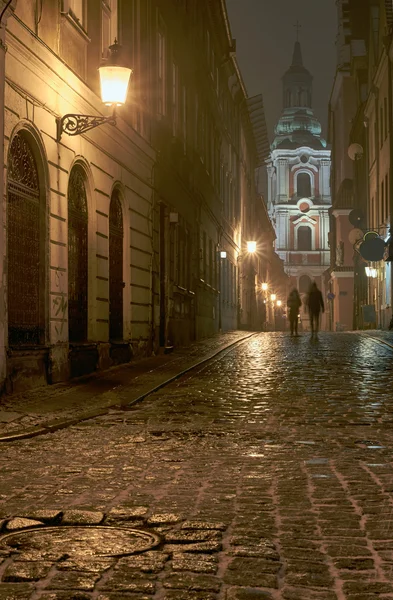 Melting snow on the cobbled street at night — Stock Photo, Image