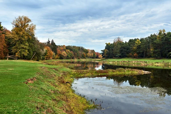 Sonbahar boyunca Warta Nehri üzerindeki çayırlar ve ormanlar, Polonya
