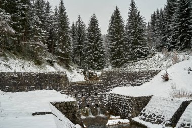 Kışın Karkonosze Dağları 'nda bir dağ deresi ve karla kaplı bir kozalaklı orman üzerinde taş eşiği, Polonya