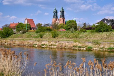 Poznan, Polonya 'daki Warta Nehri üzerindeki tarihi Gotik binalar ve katedral kuleleri