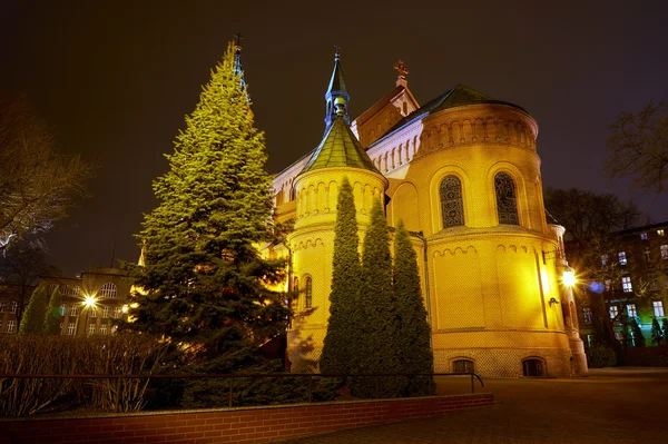 Romansk tegel katolska kyrkan på natten i Poznan — Stockfoto