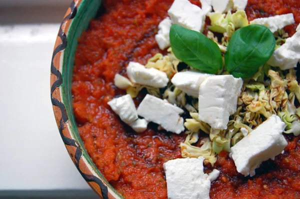 Fesleğen yaprakları ve seramik keçi peyniri ile taze domates sosu — Stok fotoğraf