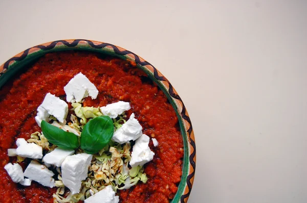 Fresh tomato sauce with basil leaves and goat cheese in ceramic — Stock Photo, Image