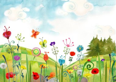 Yaz çizim çiçek, uğur böceği ve kelebek alanının