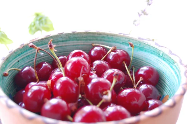 Свежие фрукты фон с кислыми вишнями в керамической миске — стоковое фото