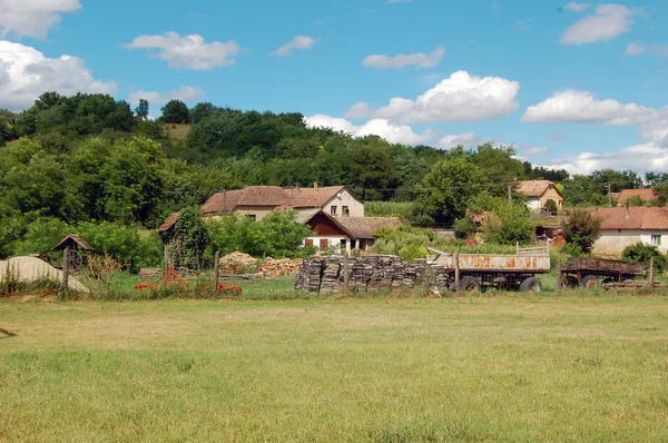Estate Paesaggio rurale con una fattoria e un campo — Foto Stock