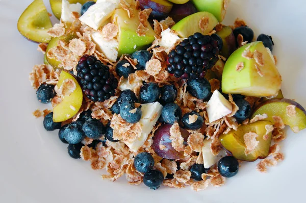 Gezond ontbijt, zomer fruit, kaas en gerst granen van de geit — Stockfoto