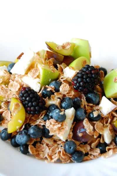 Gezond ontbijt, zomer fruit, kaas en gerst granen van de geit — Stockfoto