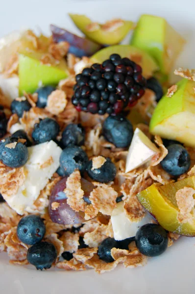 Colazione sana, frutta estiva, formaggio di capra e cereali d'orzo — Foto Stock