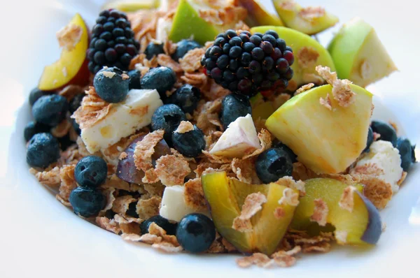 Healthy breakfast, summer fruits, goat cheese and barley cereal — Stock Photo, Image