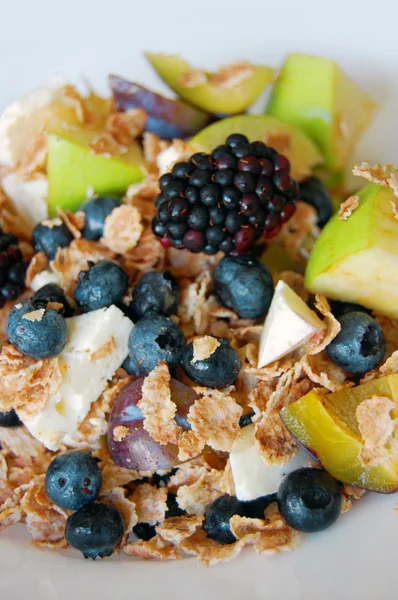 Gesundes Frühstück, Sommerfrüchte, Ziegenkäse und Gerstengetreide — Stockfoto