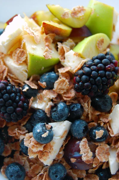 Colazione sana, frutta estiva, formaggio di capra e cereali d'orzo — Foto Stock