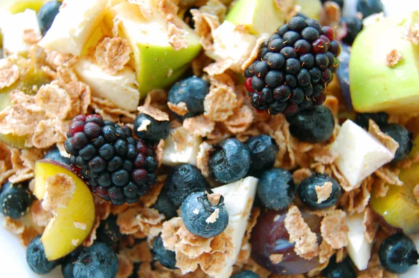 Colazione sana, frutta estiva, formaggio di capra e cereali d'orzo — Foto Stock