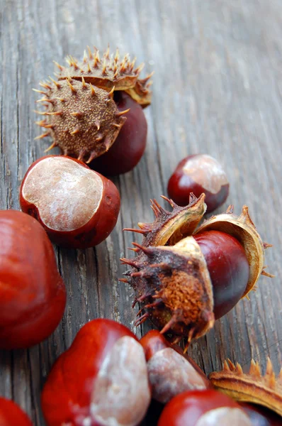 Kastanjes op houten tafel — Stockfoto