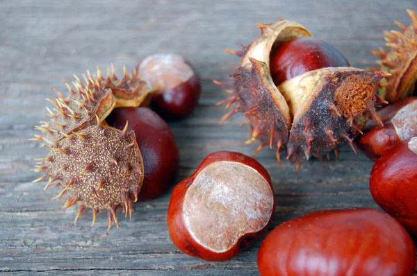 Kastanjes op houten tafel — Stockfoto