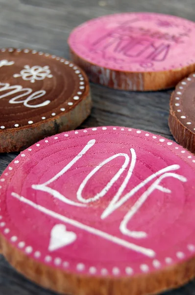 Closeup of Badges with words, love, honest friend — Stock Photo, Image