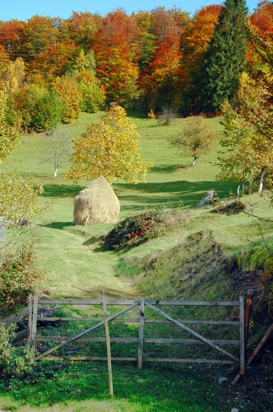 Höstlandskap med höstack — Stockfoto