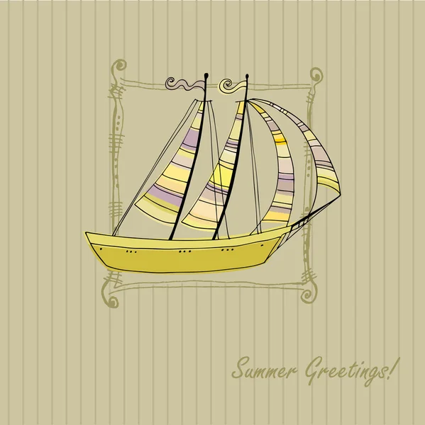 Greeting card design with sailing boat — Stock Vector