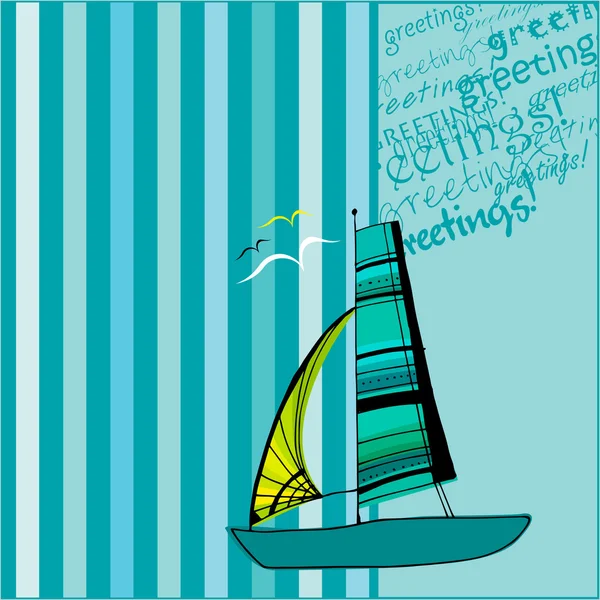 Greeting card design with sailing boat — Stock Vector