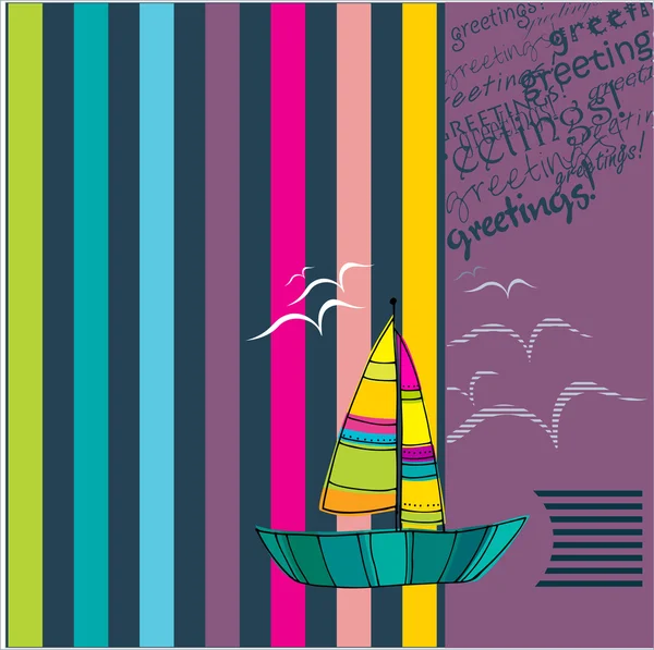 Greeting card design with sailing boat — Stock Vector