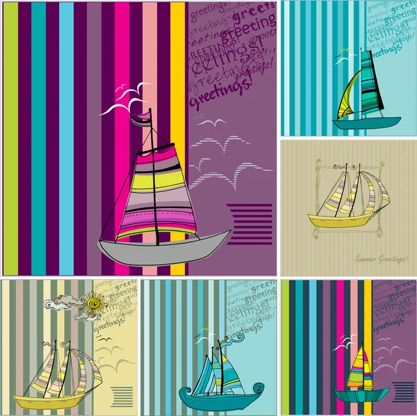 Set of greeting card designs with sailing boats — Stock Vector