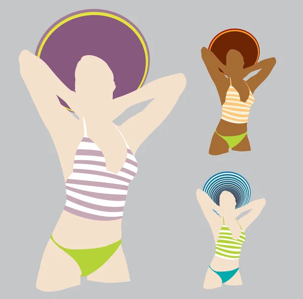 Set of  summer girls with straw hats — Stock Vector