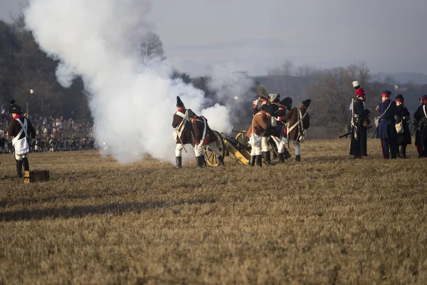 History fans in military costumes Austerlitz — Stock Photo, Image