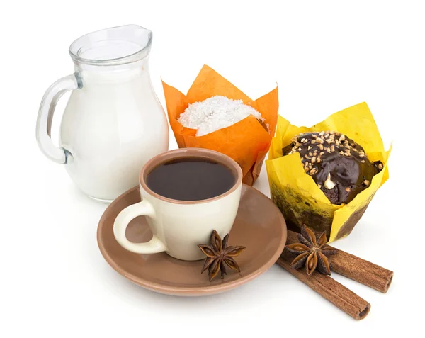 Coffee, milk and muffins — Stock Photo, Image