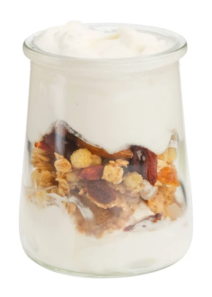 Yogurt Flakes Nuts Fruits Isolated White Background Clipping Path — Stockfoto