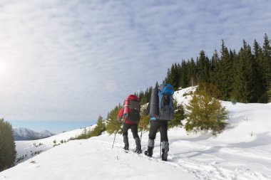 Sırt çantalı yürüyüşçüler kışın karlı dağlarda yürüyorlar