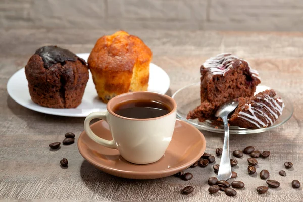 Espresso Cup Fresh Muffins Wooden Table — Stock Photo, Image