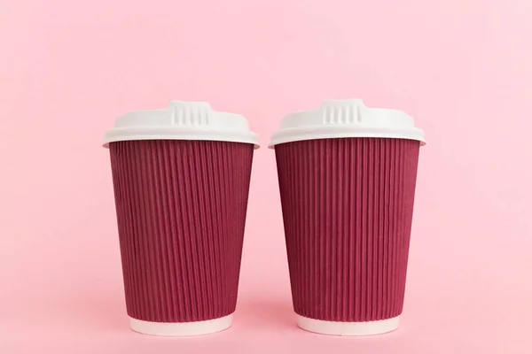 Two Paper Coffee Cups Covers Pink Background — Stock Photo, Image